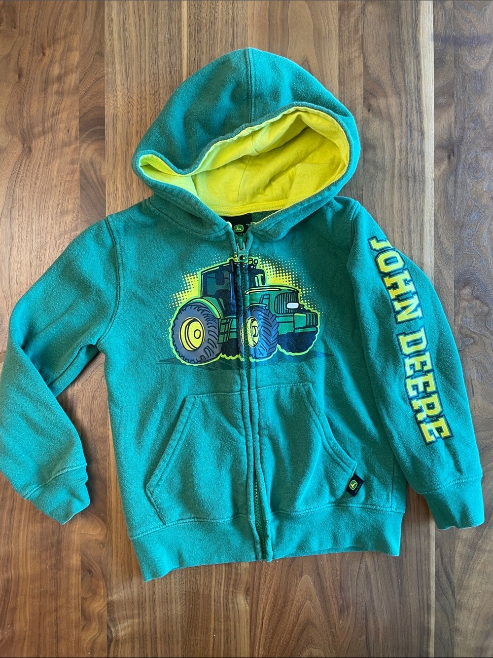 John Deere Green Hoodie with Yellow Lined Hood and Tractor Graphic
